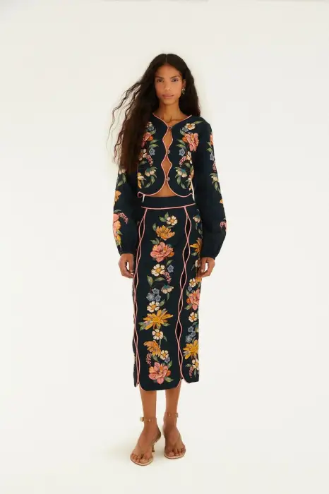 FARM RIO MAIRA FLORAL DARK BLUE WAVY MIDI