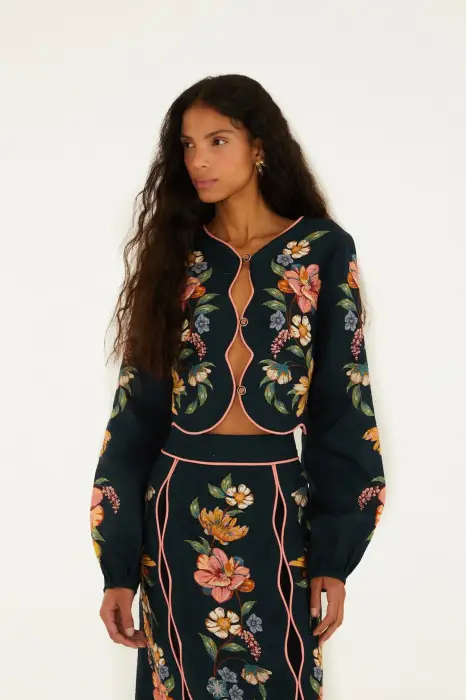 MAIRA FLORAL DARK BLUE WAVY LONG SLEEVE TOP
