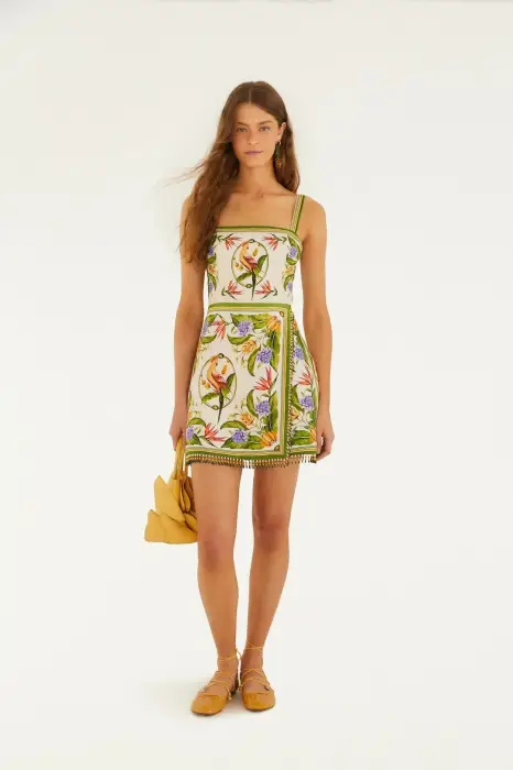FARM RIO TROPICAL SCARF SAND SLEEVELESS MINI DRESS