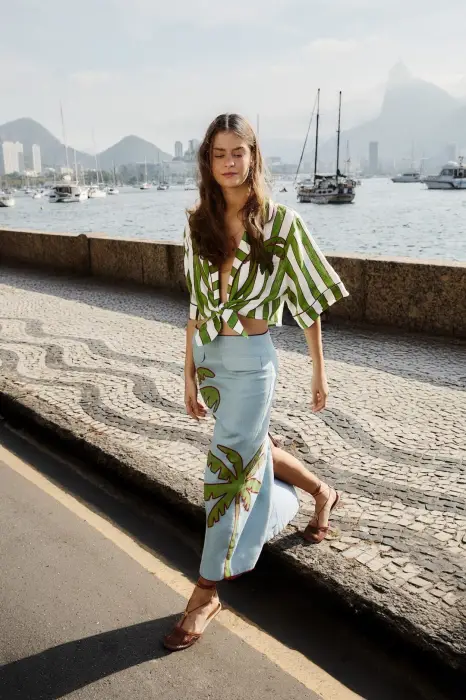 BLUE EMBROIDERED PALM TREE MAXI SKIRT