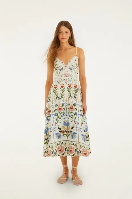 FARM RIO STITCHED GARDEN OFF-WHITE MIDI DRESS