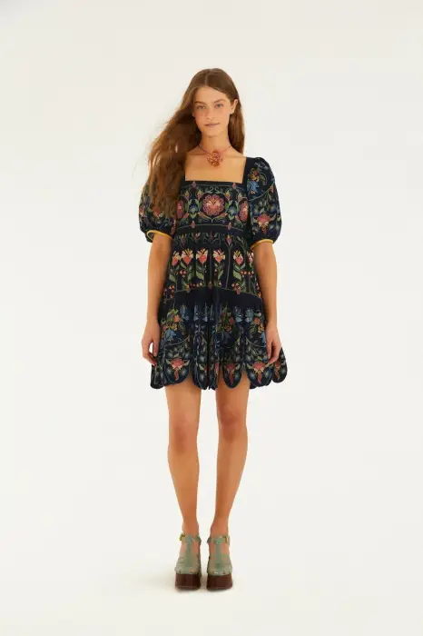 FARM RIO STITCHED GARDEN NAVY BLUE MINI DRESS