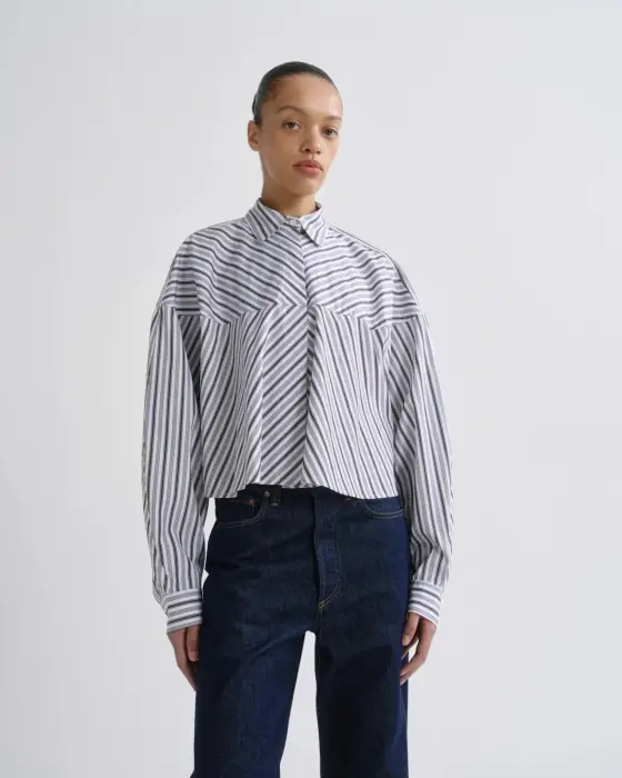 AGOLDE AGNES SHIRT IN MEYER STRIPE BRACKEN BLUE
